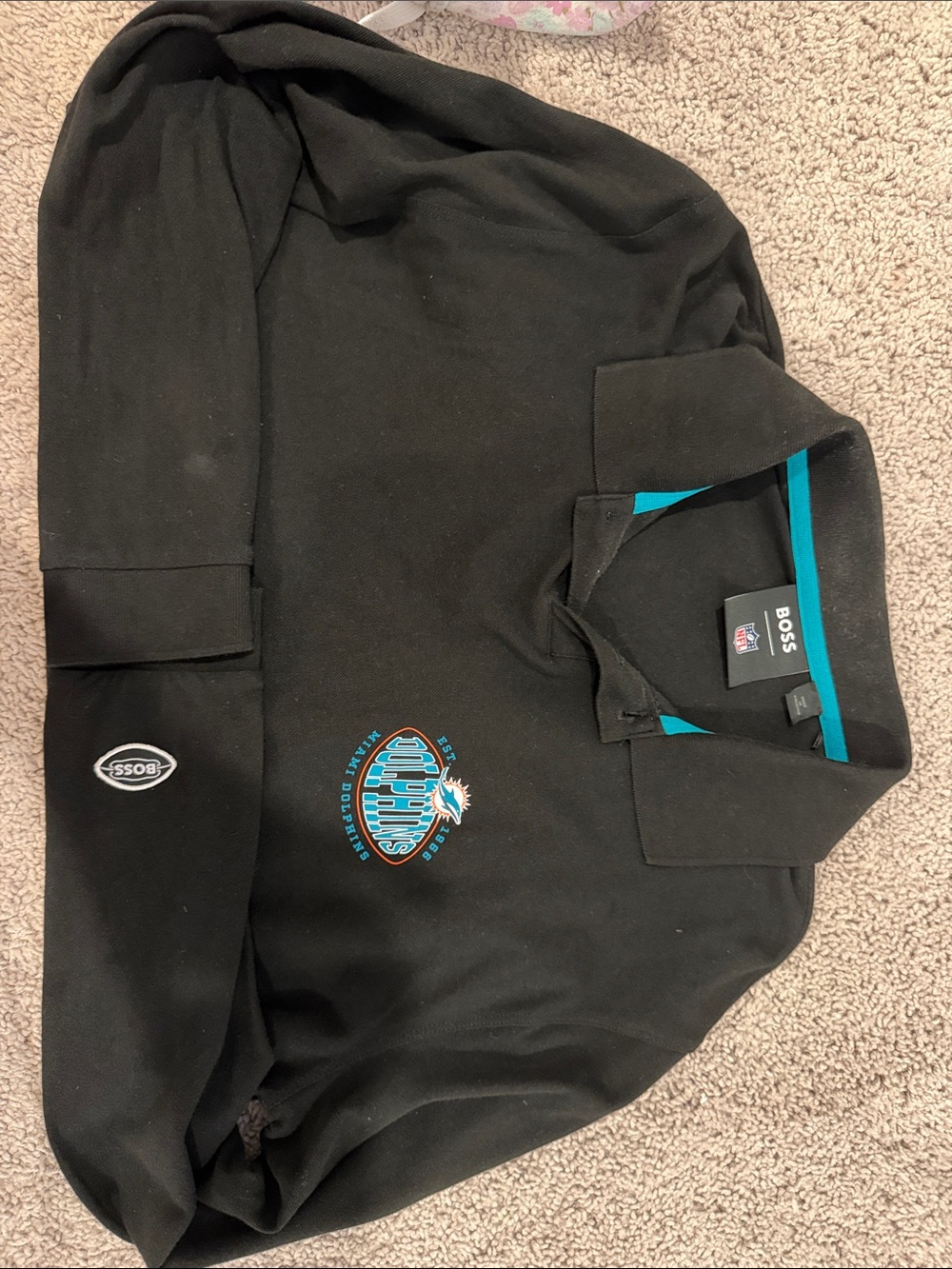 Boss Black Polo with Teal Accent and Miami Dolphins Logo